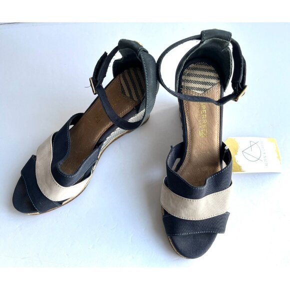 Sperry Top Sider Navy Blue & Tan Striped Wedge Heels, Size 8.5 (US) - Picture 1 of 9